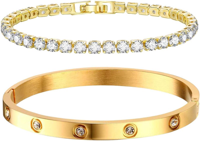MPRAINBOW Gold Bracelets for Women, 2Pcs 18K Gold Plated Cubic Zirconia Bangle Crystal Friendship Bracelet Jewelry,Wedding Party Christmas Birthday Gifts for Her Girlfriend Sister Daughter - Image 1